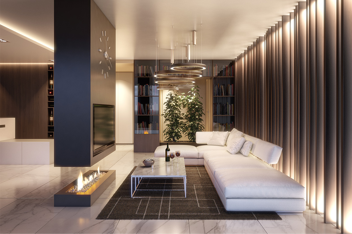 render of a private swiss apartment with modern furnishing