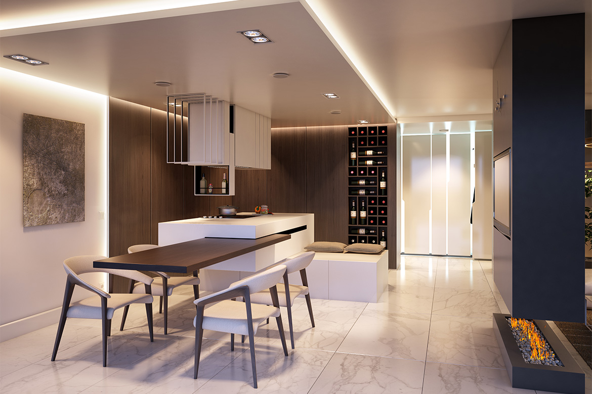 render of a private swiss apartment with modern furnishing