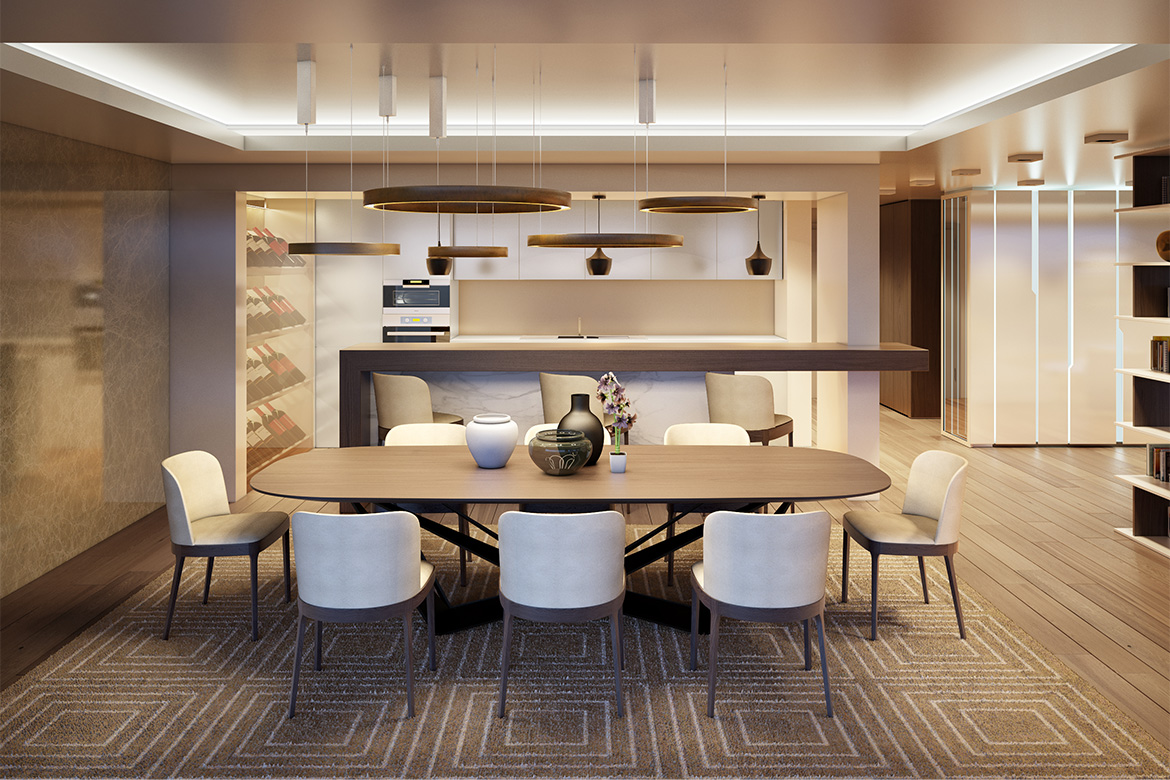 render of a private swiss apartment with modern furnishing