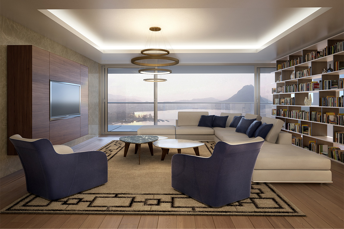 render of a private swiss apartment with modern furnishing